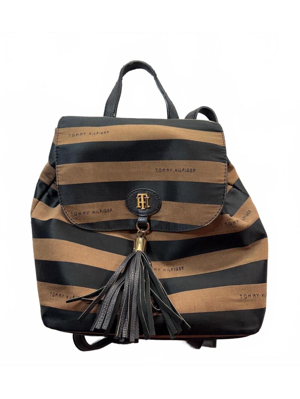 Tommy Hilfiger Striped Backpack Purse Brown Black Tassel Gold Tone